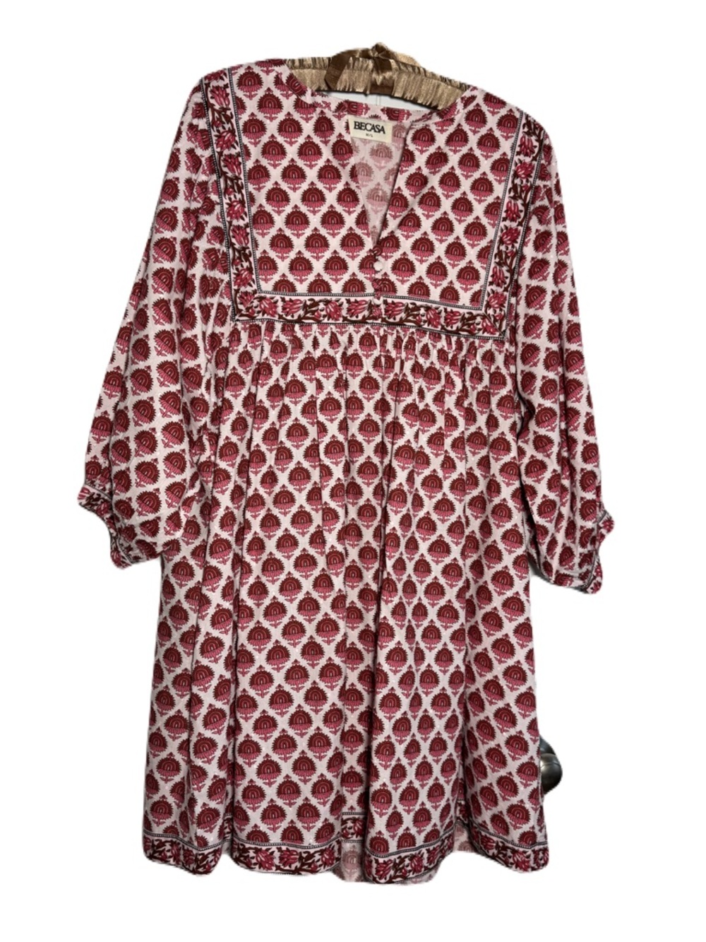Cottagecore Pink/White Printed Swiss Dot Long Sleeve V-neck Boho Dress w/POCKETS